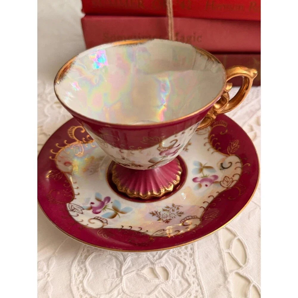 Royal Sealy Lusterware Teacup Saucer, Ruby Red Pedestal China, Gold Gilt Cottage